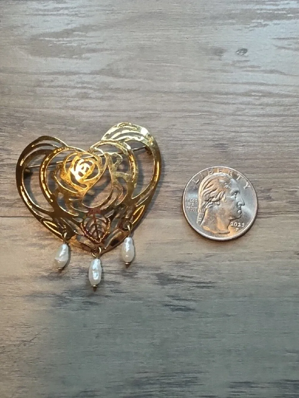 Gold Heart Filigree Brooch with Pearl Drops